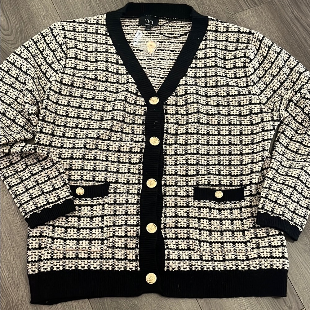 Vico Black and Cream Cardigan with Gold Buttons